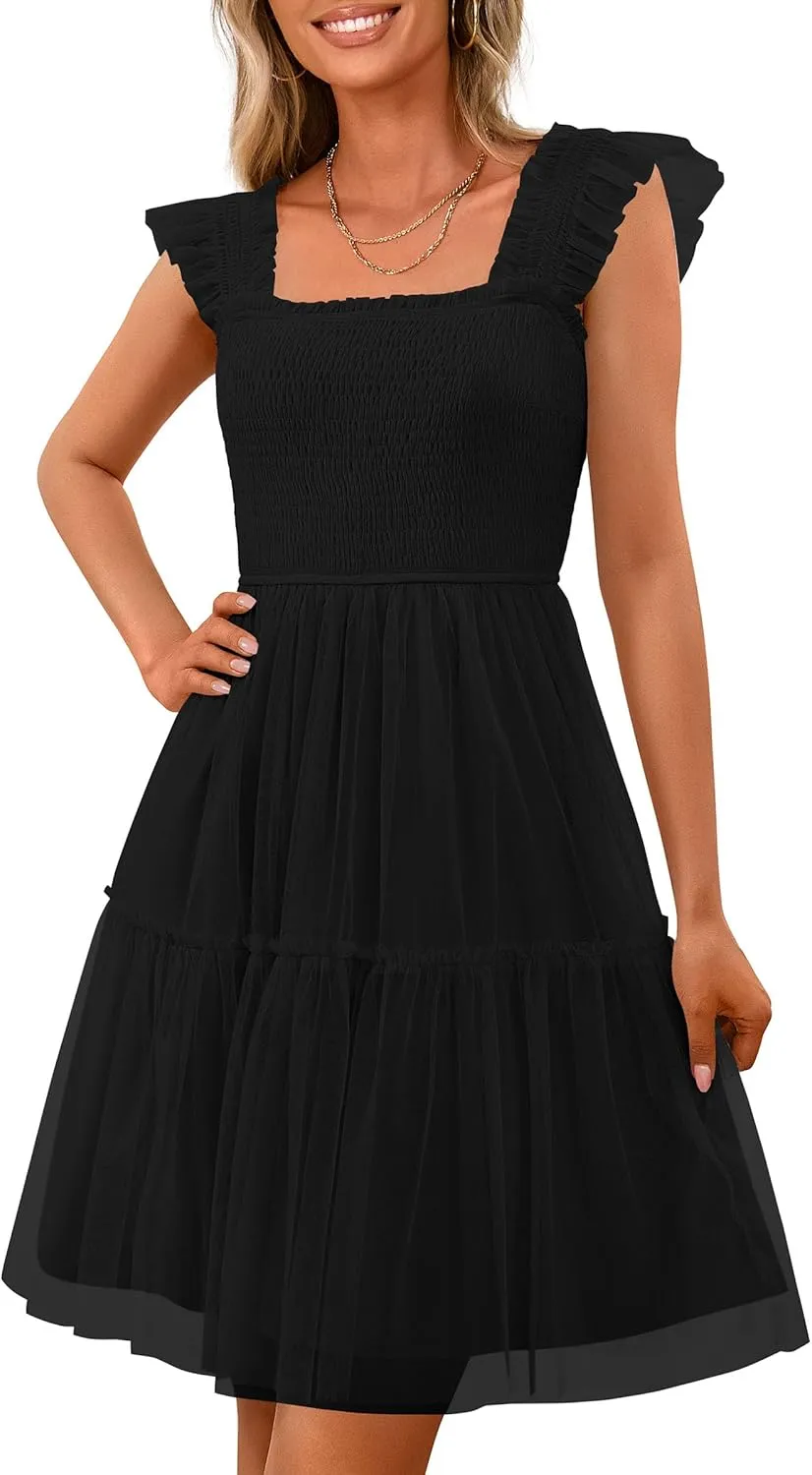 PRETTYGARDEN Womens 2025 Casual Mini Summer Dresses Sleeveless Tulle Ruffle Square Neck Tiered Smocked Wedding Guest Dress