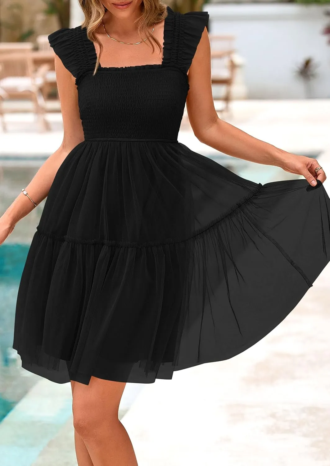PRETTYGARDEN Womens 2025 Casual Mini Summer Dresses Sleeveless Tulle Ruffle Square Neck Tiered Smocked Wedding Guest Dress