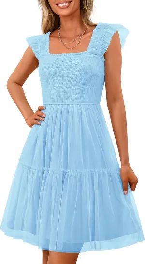 PRETTYGARDEN Womens 2025 Casual Mini Summer Dresses Sleeveless Tulle Ruffle Square Neck Tiered Smocked Wedding Guest Dress