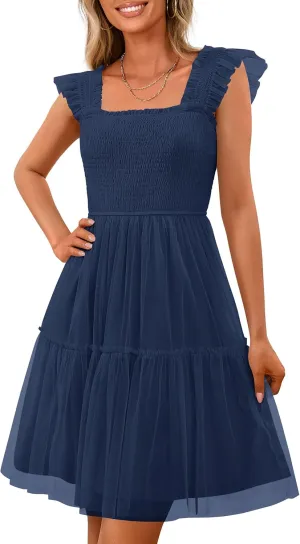 PRETTYGARDEN Womens 2025 Casual Mini Summer Dresses Sleeveless Tulle Ruffle Square Neck Tiered Smocked Wedding Guest Dress