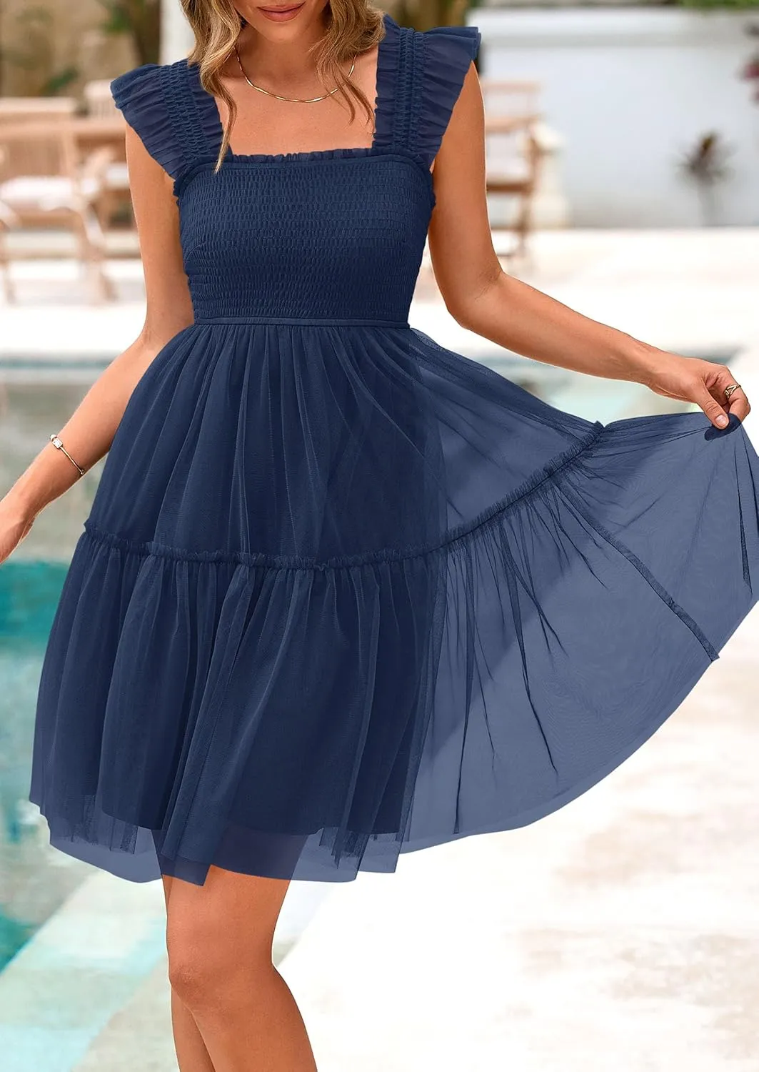 PRETTYGARDEN Womens 2025 Casual Mini Summer Dresses Sleeveless Tulle Ruffle Square Neck Tiered Smocked Wedding Guest Dress