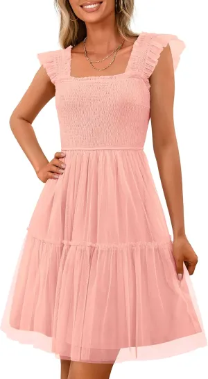 PRETTYGARDEN Womens 2025 Casual Mini Summer Dresses Sleeveless Tulle Ruffle Square Neck Tiered Smocked Wedding Guest Dress