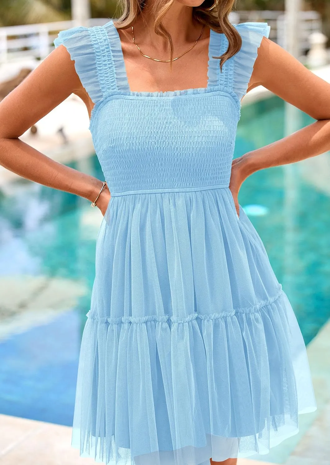 PRETTYGARDEN Womens 2025 Casual Mini Summer Dresses Sleeveless Tulle Ruffle Square Neck Tiered Smocked Wedding Guest Dress