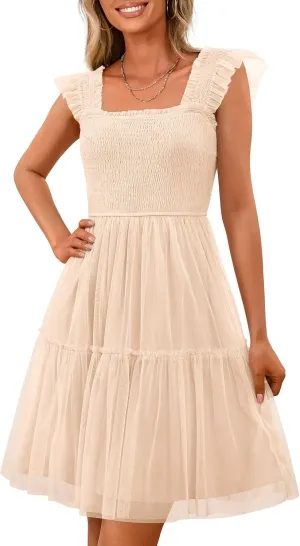 PRETTYGARDEN Womens 2025 Casual Mini Summer Dresses Sleeveless Tulle Ruffle Square Neck Tiered Smocked Wedding Guest Dress