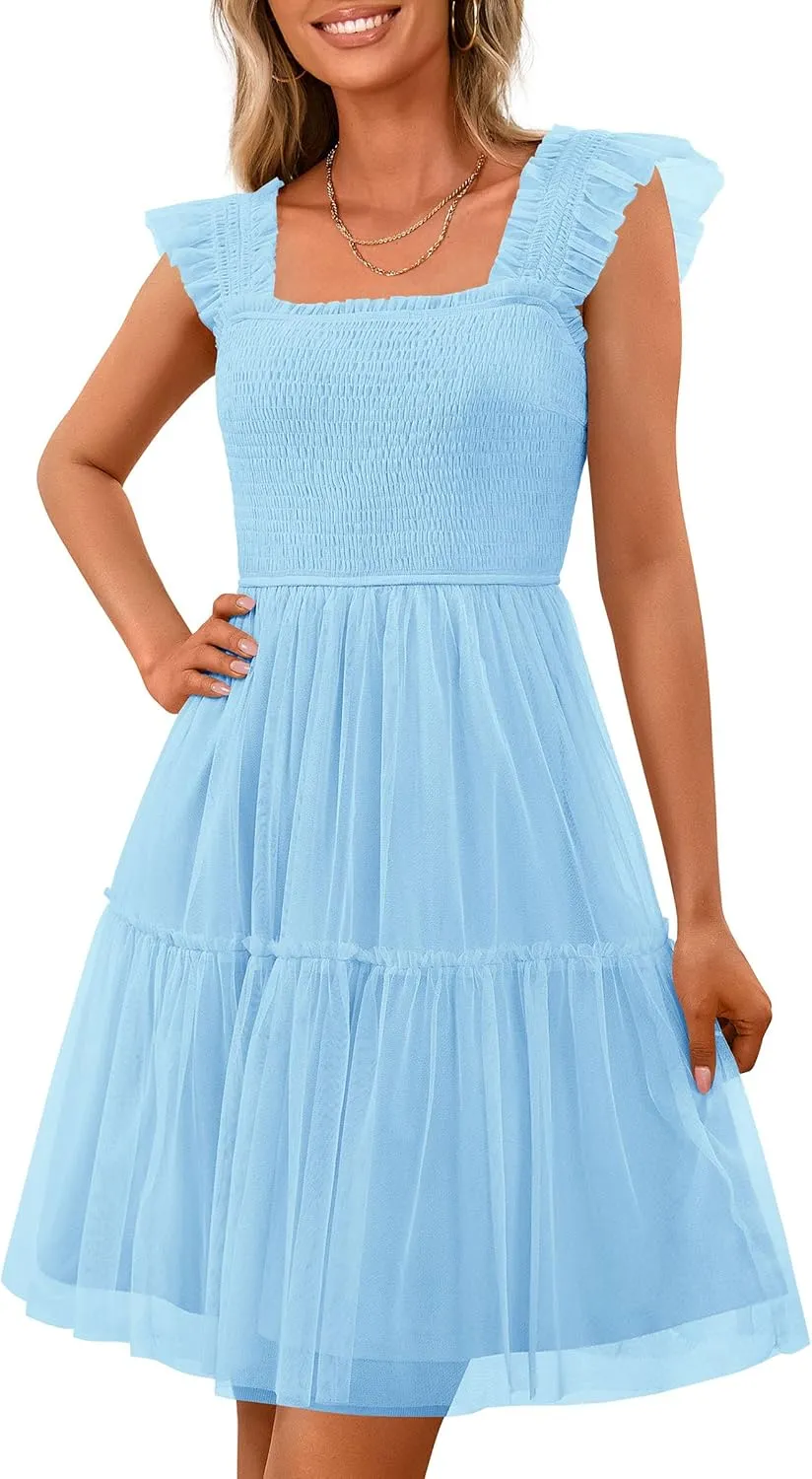 PRETTYGARDEN Womens 2025 Casual Mini Summer Dresses Sleeveless Tulle Ruffle Square Neck Tiered Smocked Wedding Guest Dress