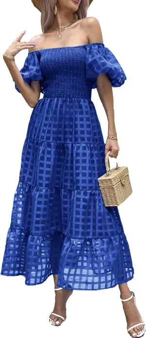 PRETTYGARDEN Women's Casual Summer Dress Puffy Short Sleeve Square Neck Smocked Tiered A Line Maxi Long Dresses