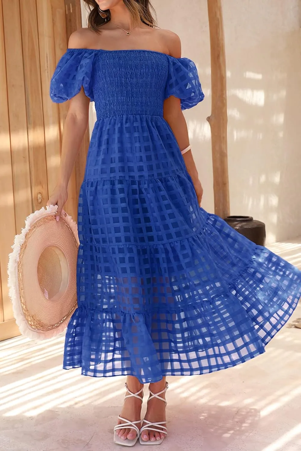 PRETTYGARDEN Women's Casual Summer Dress Puffy Short Sleeve Square Neck Smocked Tiered A Line Maxi Long Dresses