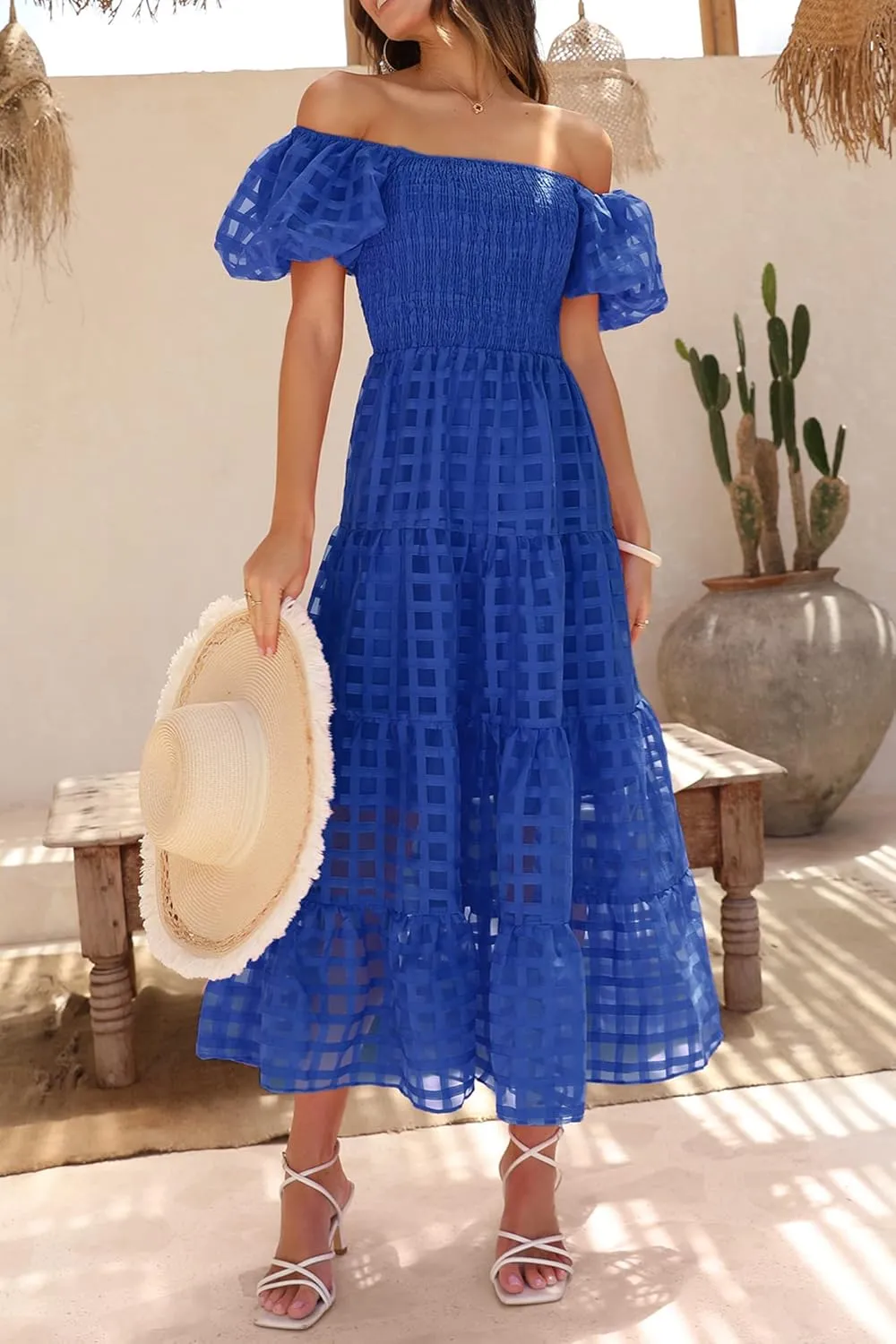 PRETTYGARDEN Women's Casual Summer Dress Puffy Short Sleeve Square Neck Smocked Tiered A Line Maxi Long Dresses