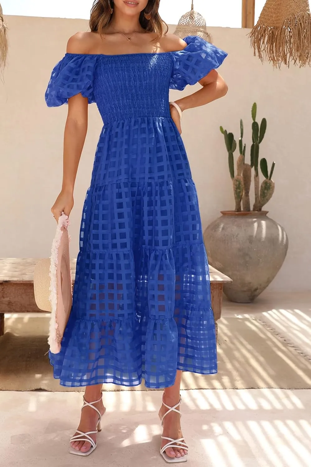 PRETTYGARDEN Women's Casual Summer Dress Puffy Short Sleeve Square Neck Smocked Tiered A Line Maxi Long Dresses