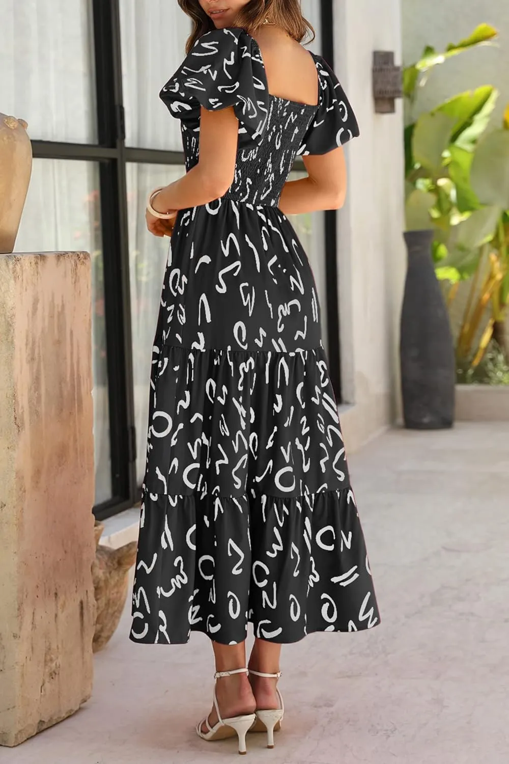 PRETTYGARDEN Women's Casual Summer Dress Puffy Short Sleeve Square Neck Smocked Tiered A Line Maxi Long Dresses