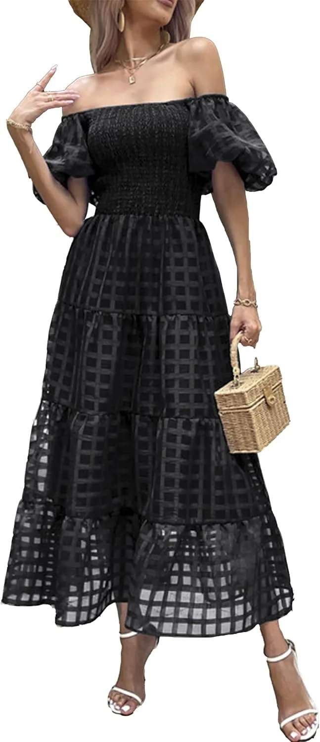 PRETTYGARDEN Women's Casual Summer Dress Puffy Short Sleeve Square Neck Smocked Tiered A Line Maxi Long Dresses