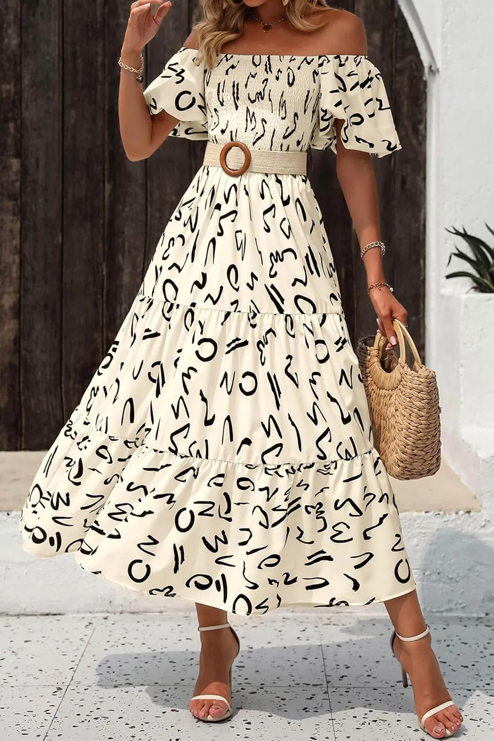 PRETTYGARDEN Women's Casual Summer Dress Puffy Short Sleeve Square Neck Smocked Tiered A Line Maxi Long Dresses