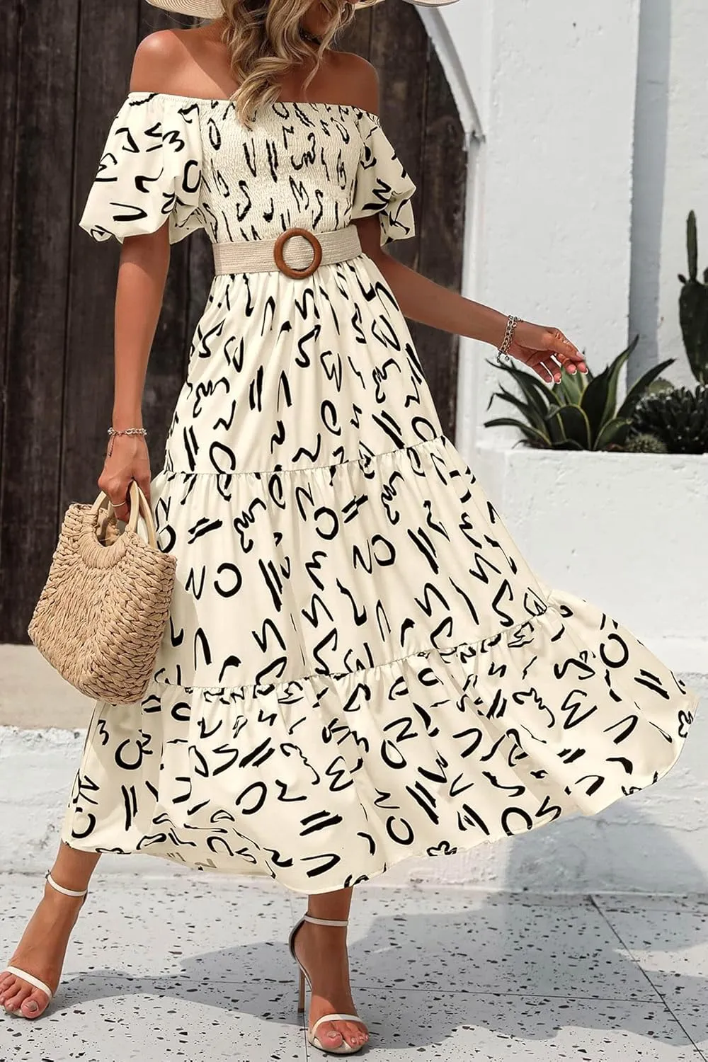 PRETTYGARDEN Women's Casual Summer Dress Puffy Short Sleeve Square Neck Smocked Tiered A Line Maxi Long Dresses