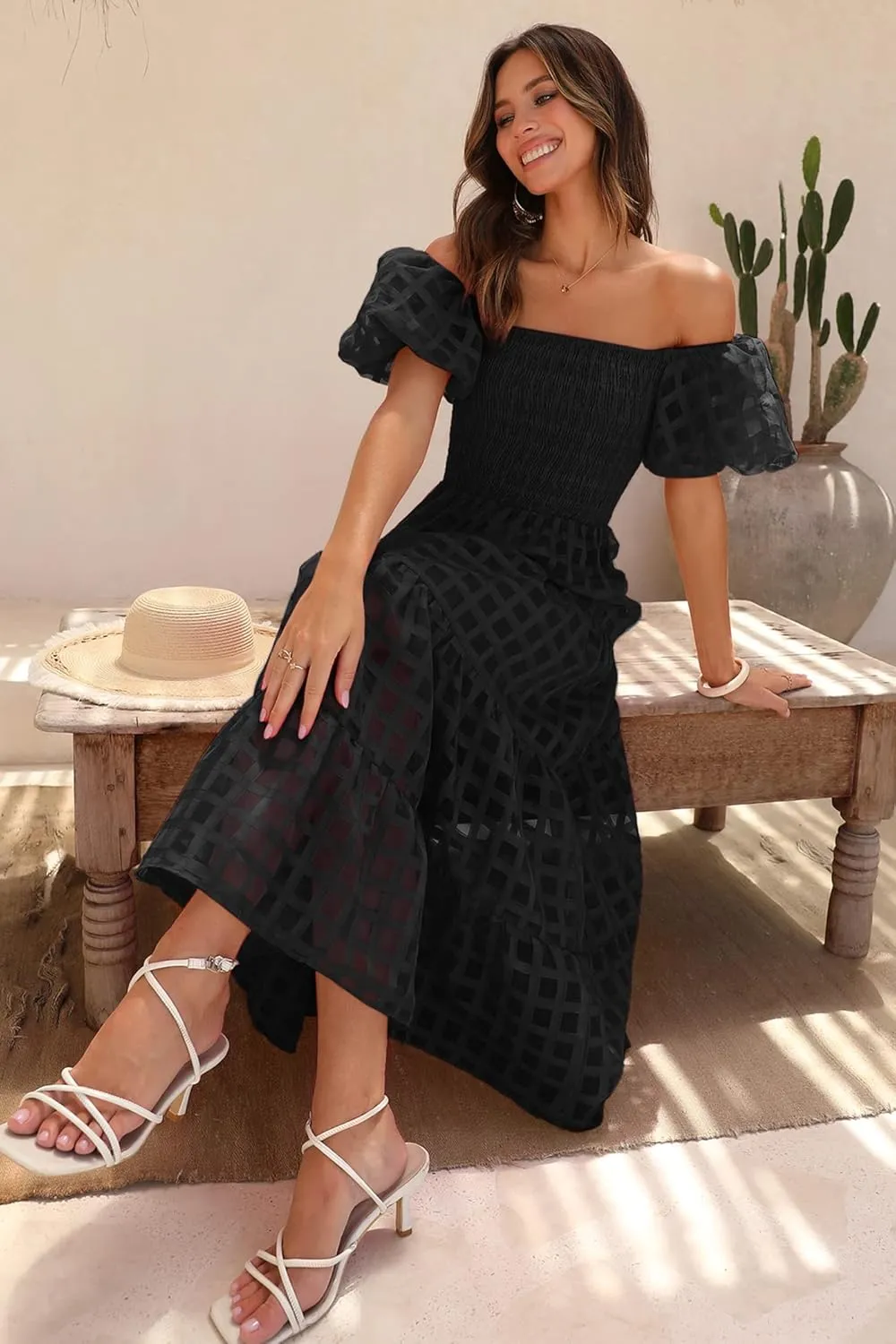 PRETTYGARDEN Women's Casual Summer Dress Puffy Short Sleeve Square Neck Smocked Tiered A Line Maxi Long Dresses