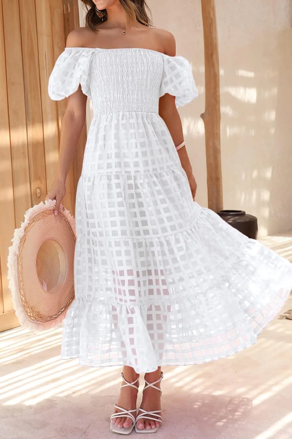PRETTYGARDEN Women's Casual Summer Dress Puffy Short Sleeve Square Neck Smocked Tiered A Line Maxi Long Dresses