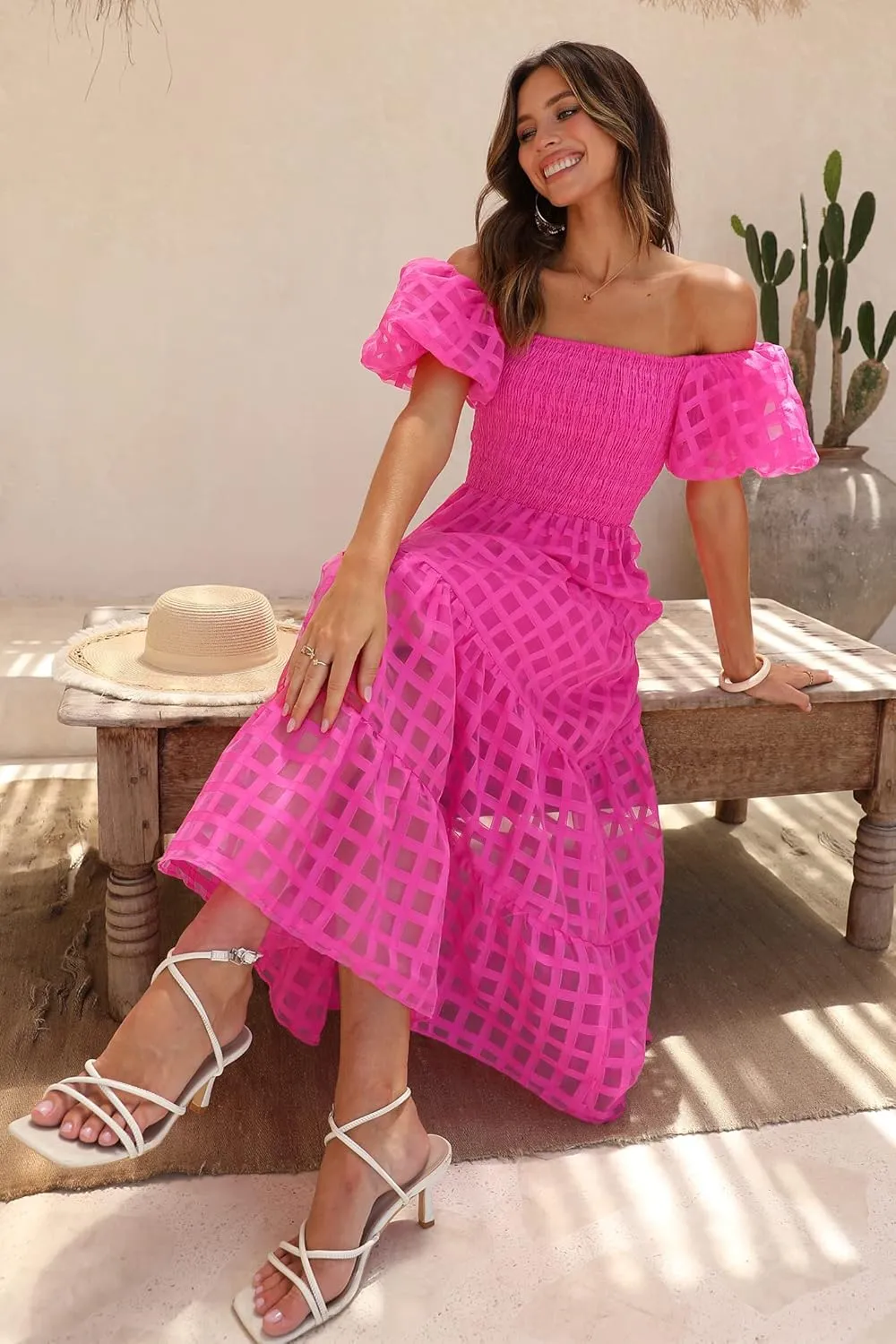 PRETTYGARDEN Women's Casual Summer Dress Puffy Short Sleeve Square Neck Smocked Tiered A Line Maxi Long Dresses