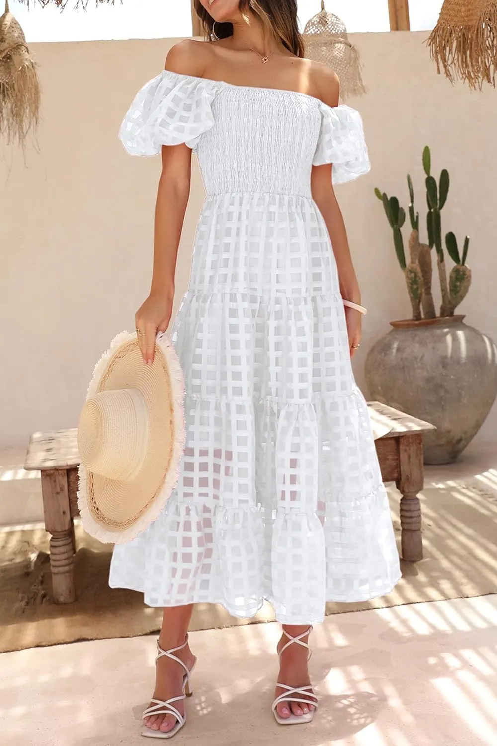 PRETTYGARDEN Women's Casual Summer Dress Puffy Short Sleeve Square Neck Smocked Tiered A Line Maxi Long Dresses
