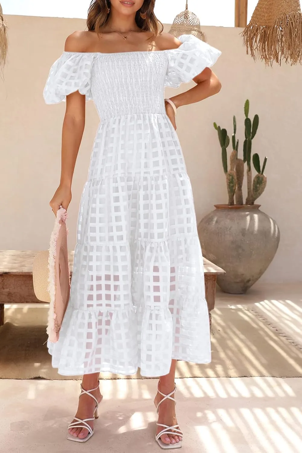 PRETTYGARDEN Women's Casual Summer Dress Puffy Short Sleeve Square Neck Smocked Tiered A Line Maxi Long Dresses