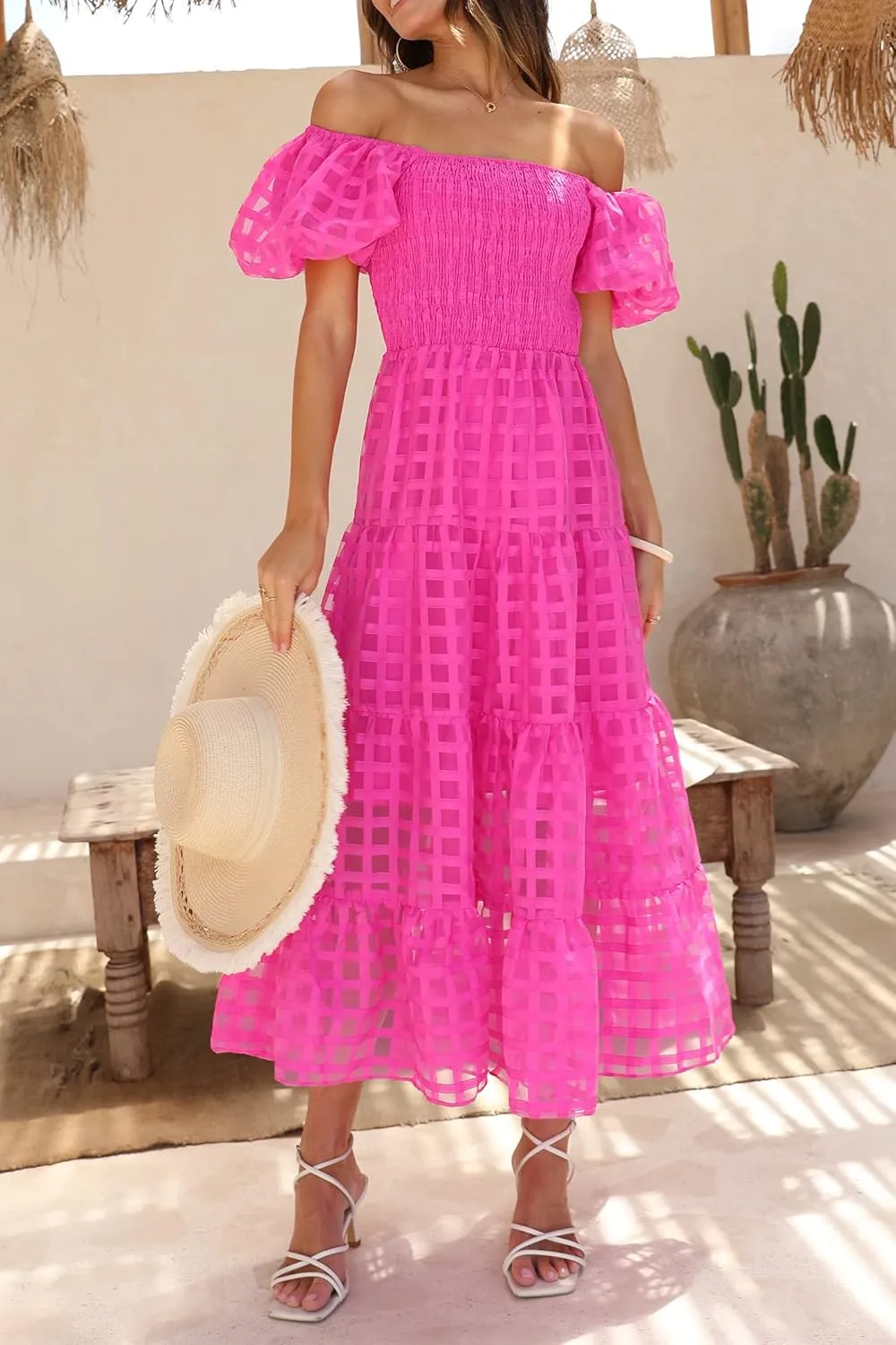 PRETTYGARDEN Women's Casual Summer Dress Puffy Short Sleeve Square Neck Smocked Tiered A Line Maxi Long Dresses