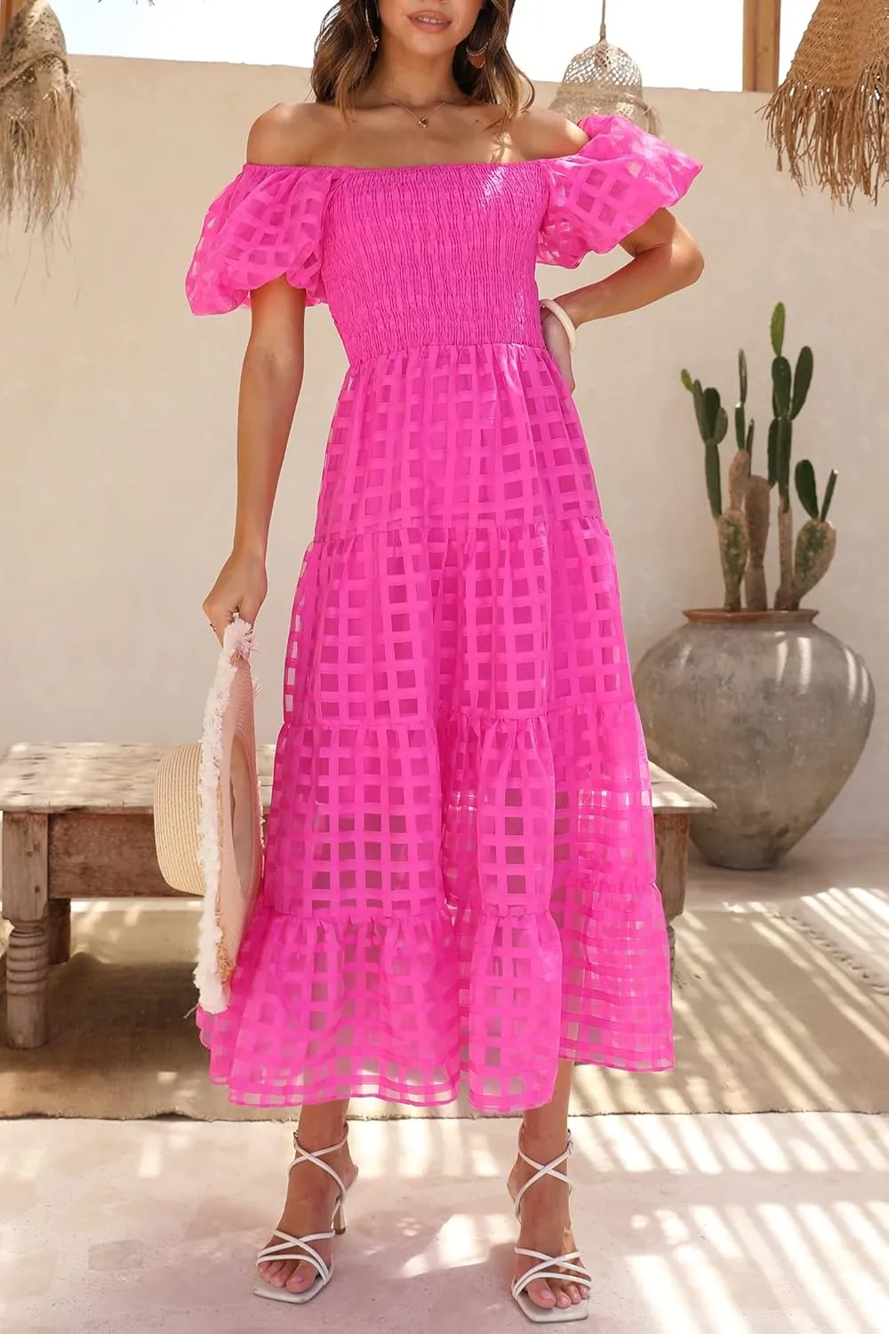 PRETTYGARDEN Women's Casual Summer Dress Puffy Short Sleeve Square Neck Smocked Tiered A Line Maxi Long Dresses