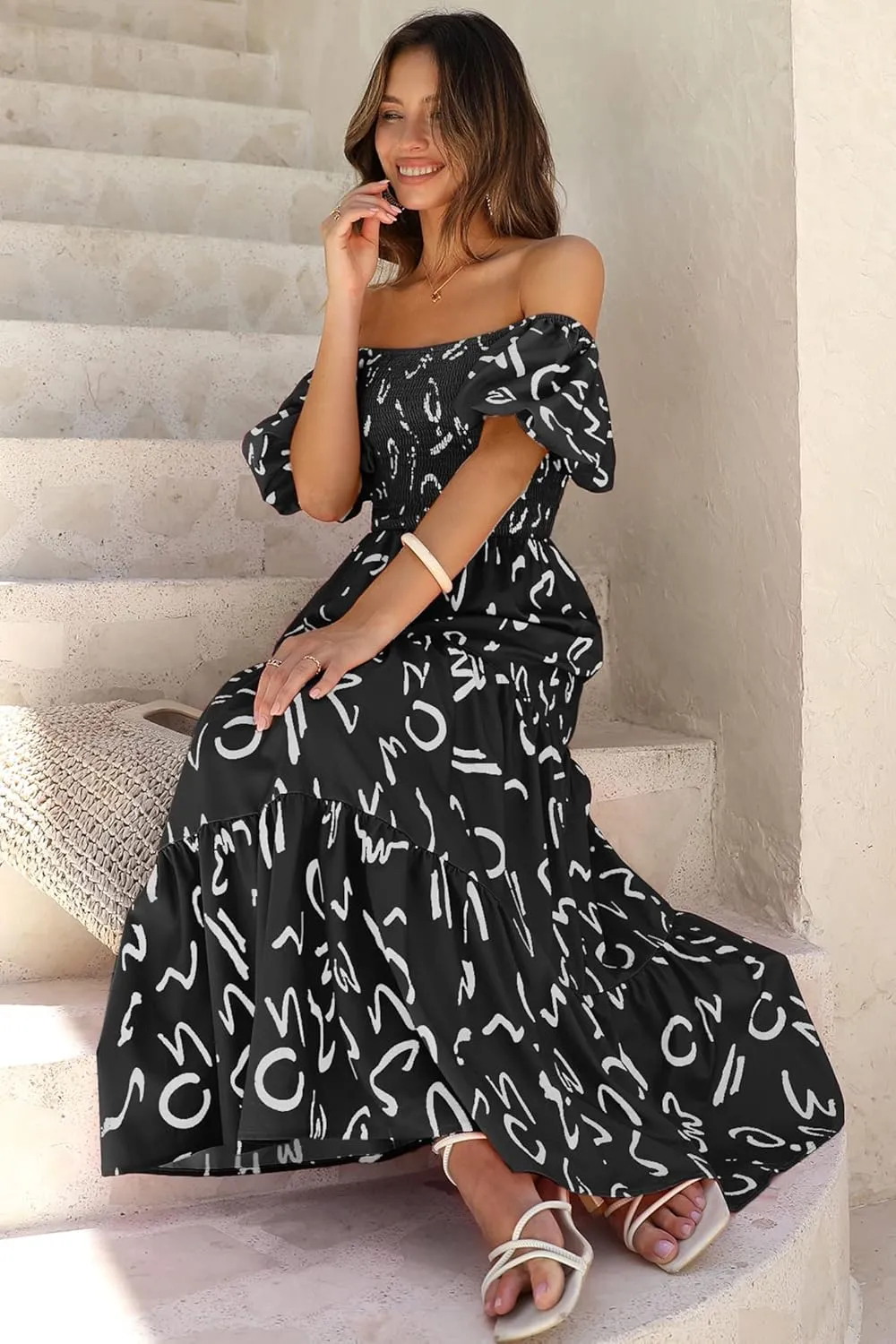 PRETTYGARDEN Women's Casual Summer Dress Puffy Short Sleeve Square Neck Smocked Tiered A Line Maxi Long Dresses