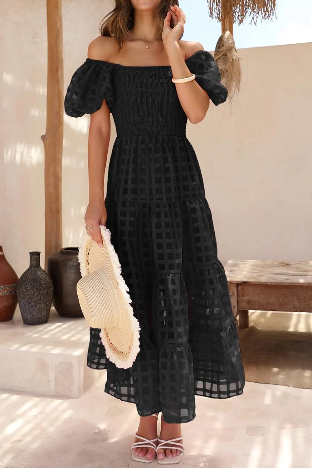 PRETTYGARDEN Women's Casual Summer Dress Puffy Short Sleeve Square Neck Smocked Tiered A Line Maxi Long Dresses