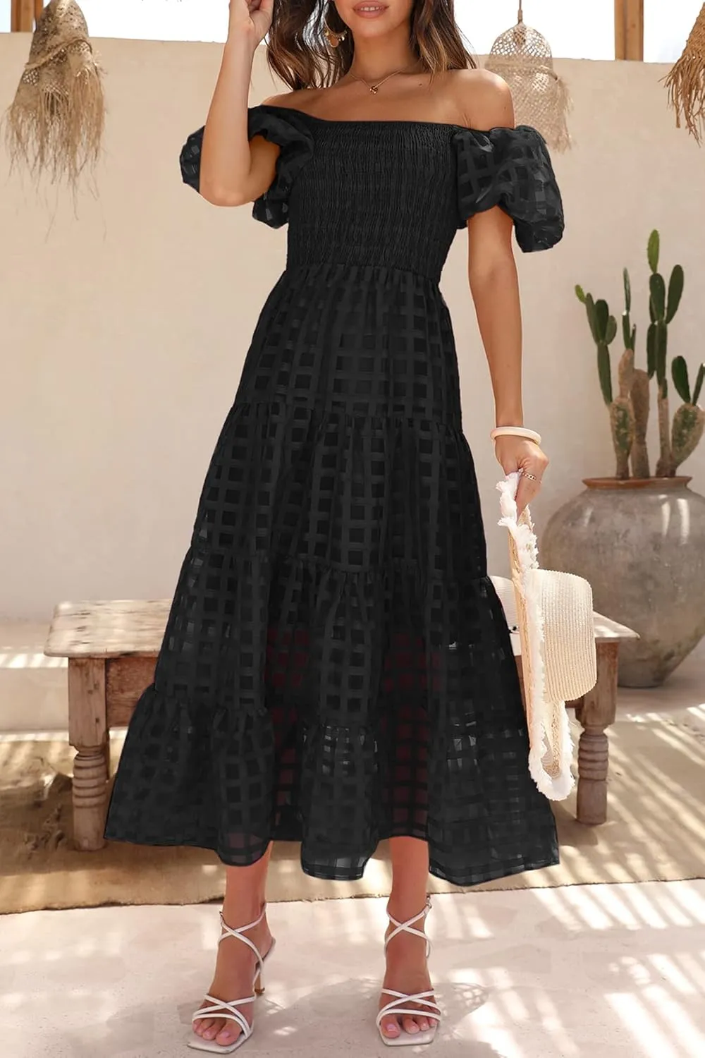 PRETTYGARDEN Women's Casual Summer Dress Puffy Short Sleeve Square Neck Smocked Tiered A Line Maxi Long Dresses