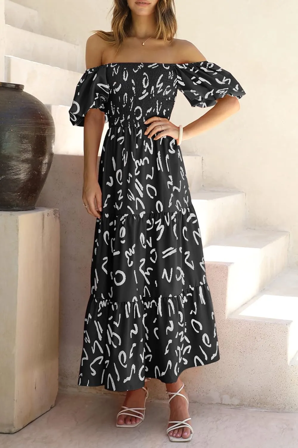 PRETTYGARDEN Women's Casual Summer Dress Puffy Short Sleeve Square Neck Smocked Tiered A Line Maxi Long Dresses