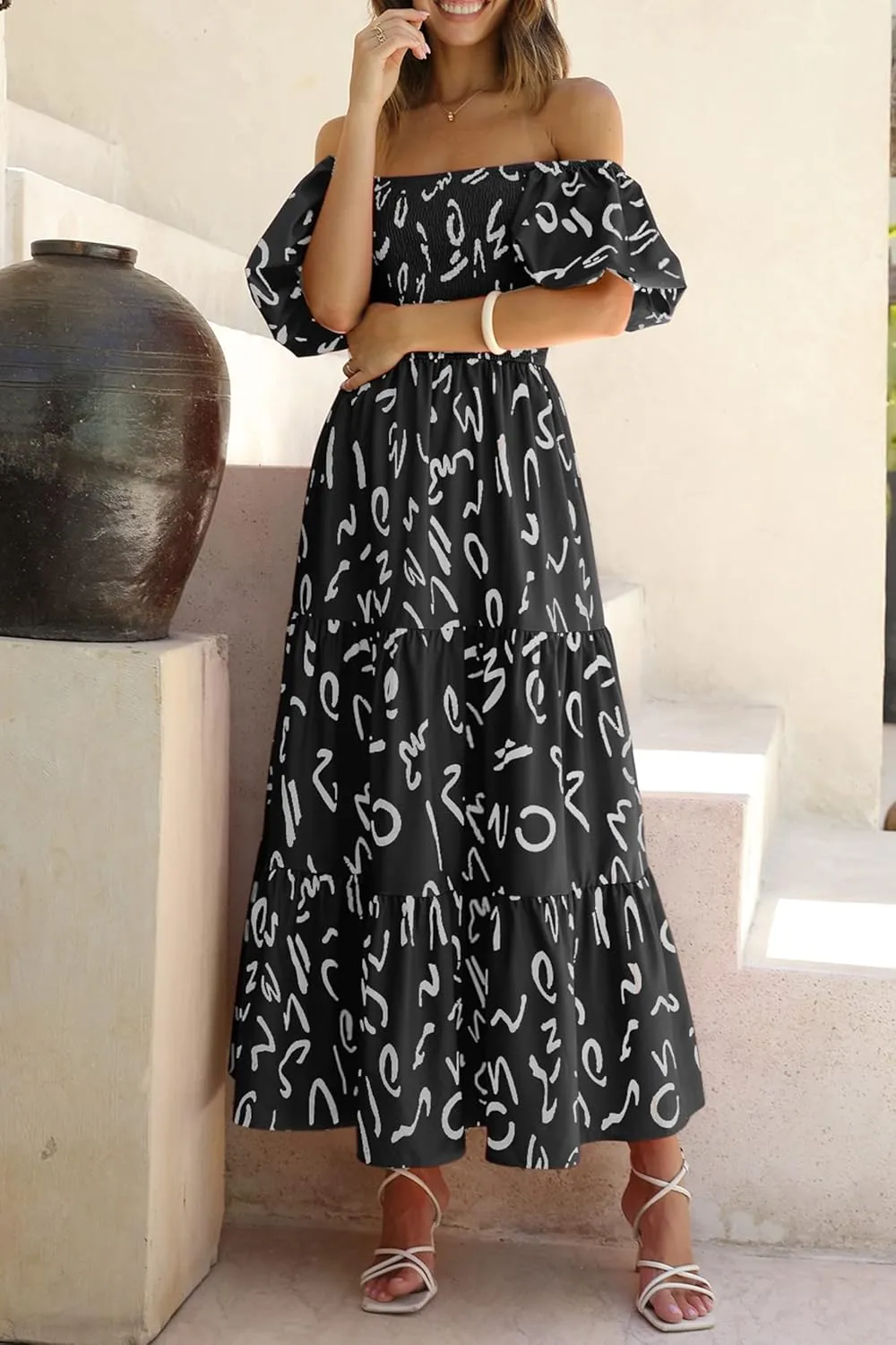 PRETTYGARDEN Women's Casual Summer Dress Puffy Short Sleeve Square Neck Smocked Tiered A Line Maxi Long Dresses