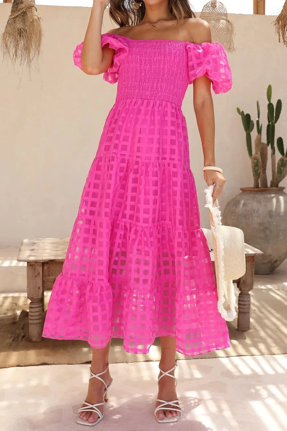 PRETTYGARDEN Women's Casual Summer Dress Puffy Short Sleeve Square Neck Smocked Tiered A Line Maxi Long Dresses