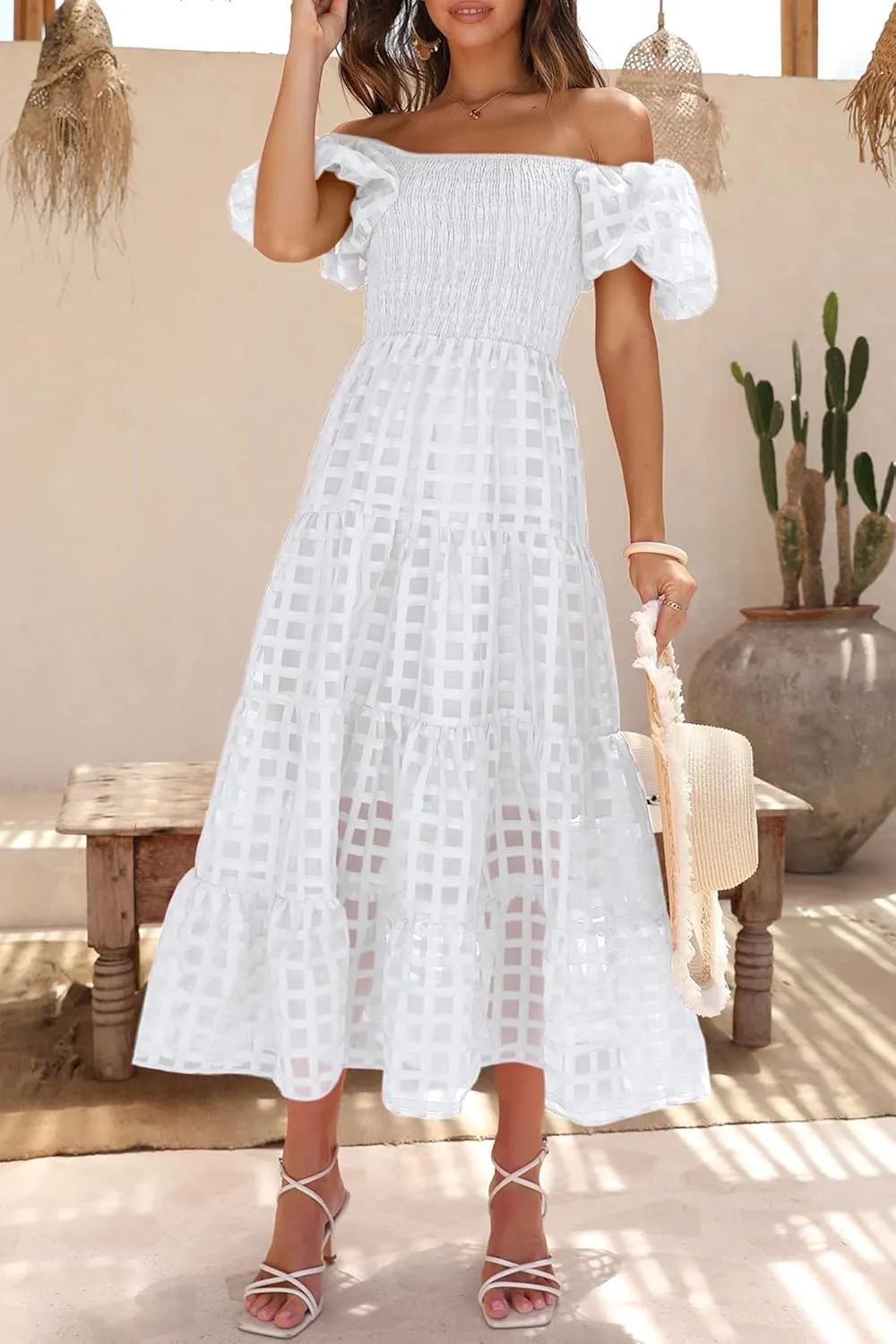 PRETTYGARDEN Women's Casual Summer Dress Puffy Short Sleeve Square Neck Smocked Tiered A Line Maxi Long Dresses