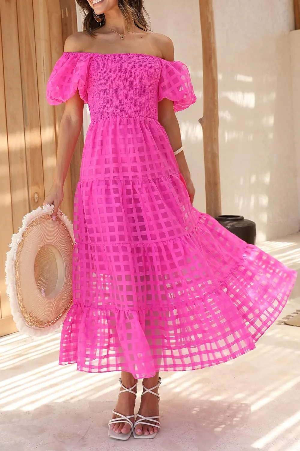 PRETTYGARDEN Women's Casual Summer Dress Puffy Short Sleeve Square Neck Smocked Tiered A Line Maxi Long Dresses