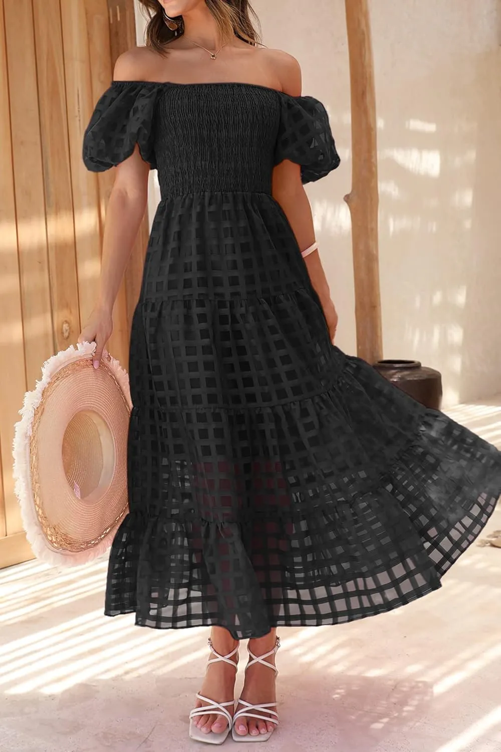 PRETTYGARDEN Women's Casual Summer Dress Puffy Short Sleeve Square Neck Smocked Tiered A Line Maxi Long Dresses