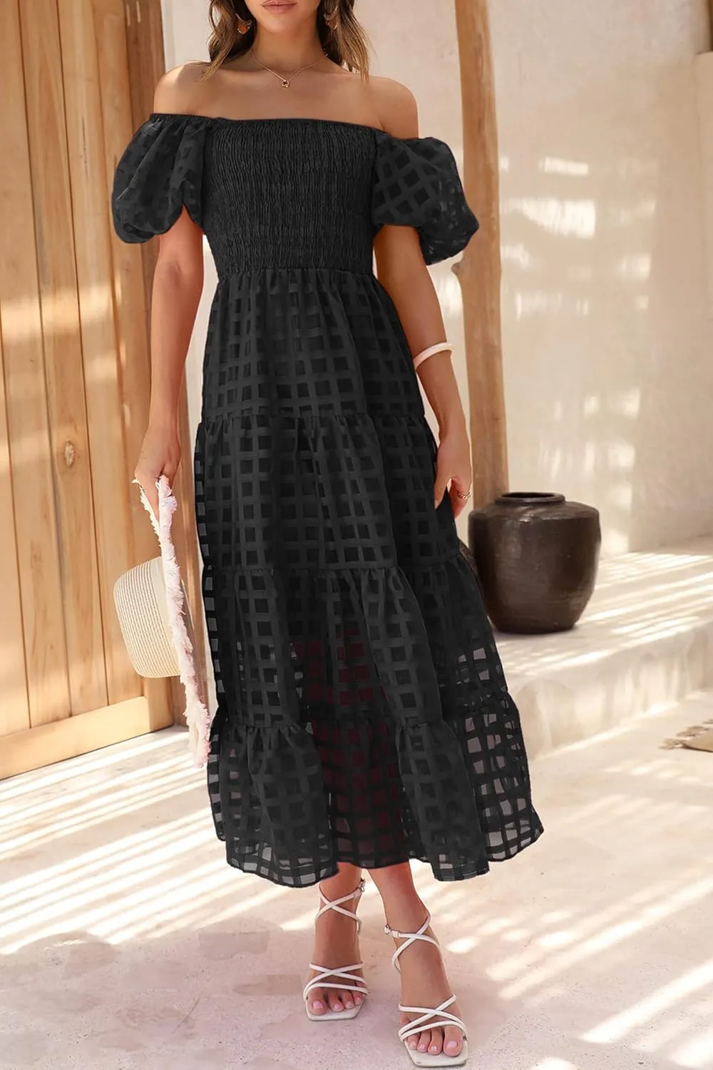 PRETTYGARDEN Women's Casual Summer Dress Puffy Short Sleeve Square Neck Smocked Tiered A Line Maxi Long Dresses