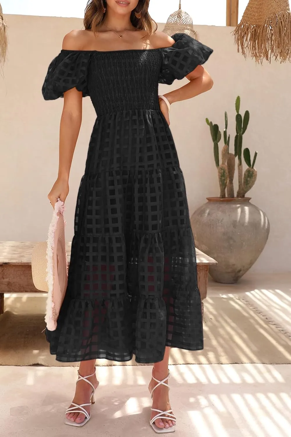 PRETTYGARDEN Women's Casual Summer Dress Puffy Short Sleeve Square Neck Smocked Tiered A Line Maxi Long Dresses