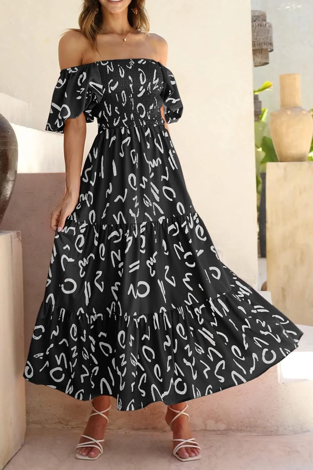 PRETTYGARDEN Women's Casual Summer Dress Puffy Short Sleeve Square Neck Smocked Tiered A Line Maxi Long Dresses