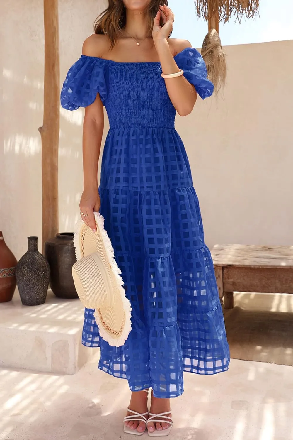 PRETTYGARDEN Women's Casual Summer Dress Puffy Short Sleeve Square Neck Smocked Tiered A Line Maxi Long Dresses