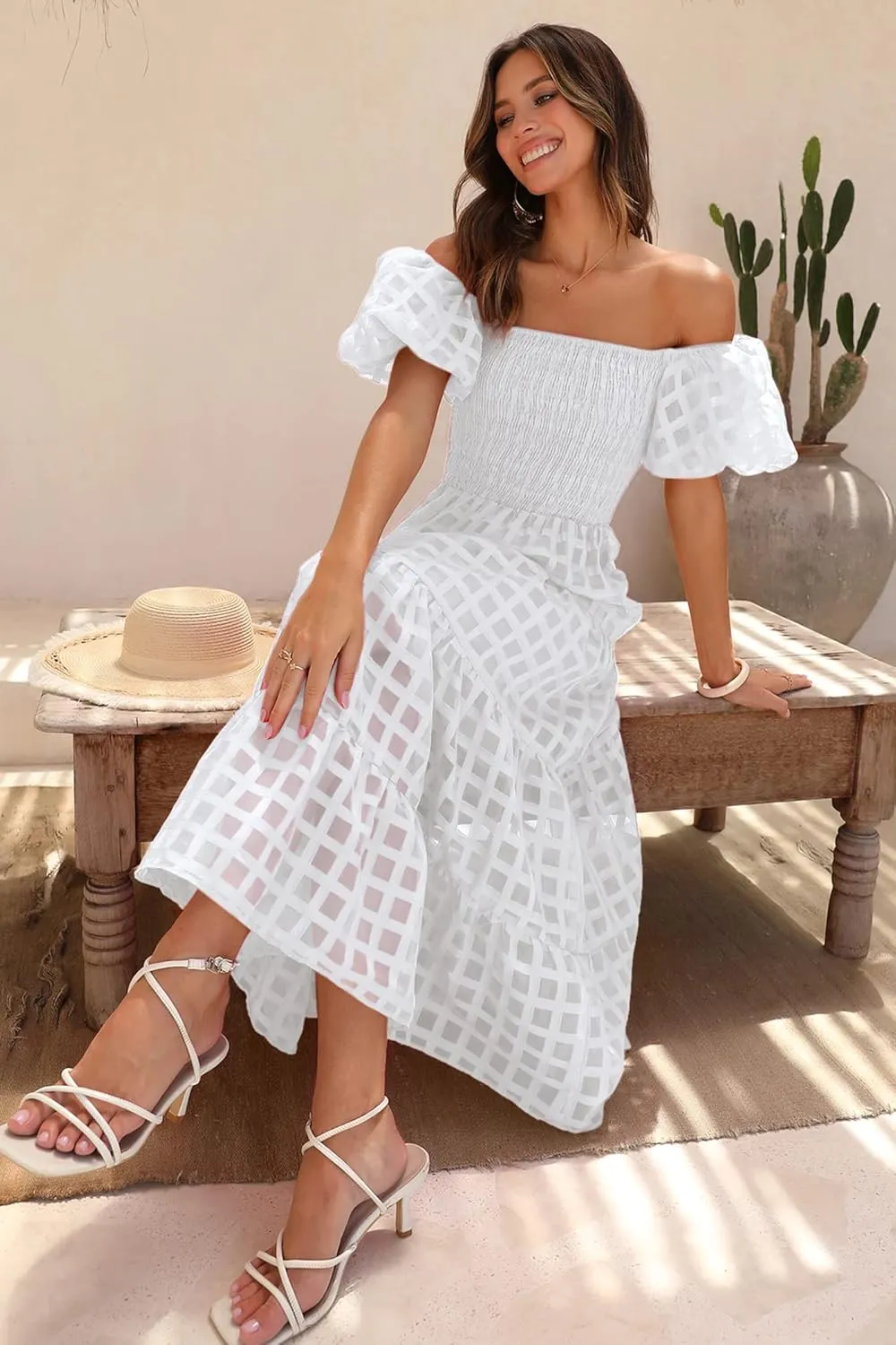 PRETTYGARDEN Women's Casual Summer Dress Puffy Short Sleeve Square Neck Smocked Tiered A Line Maxi Long Dresses
