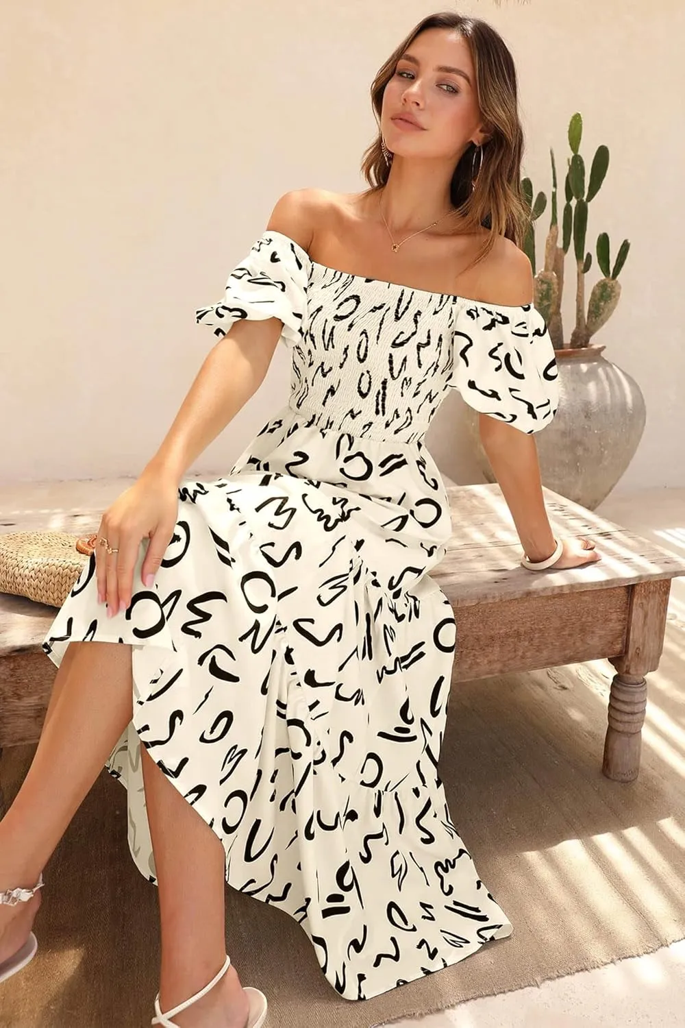 PRETTYGARDEN Women's Casual Summer Dress Puffy Short Sleeve Square Neck Smocked Tiered A Line Maxi Long Dresses