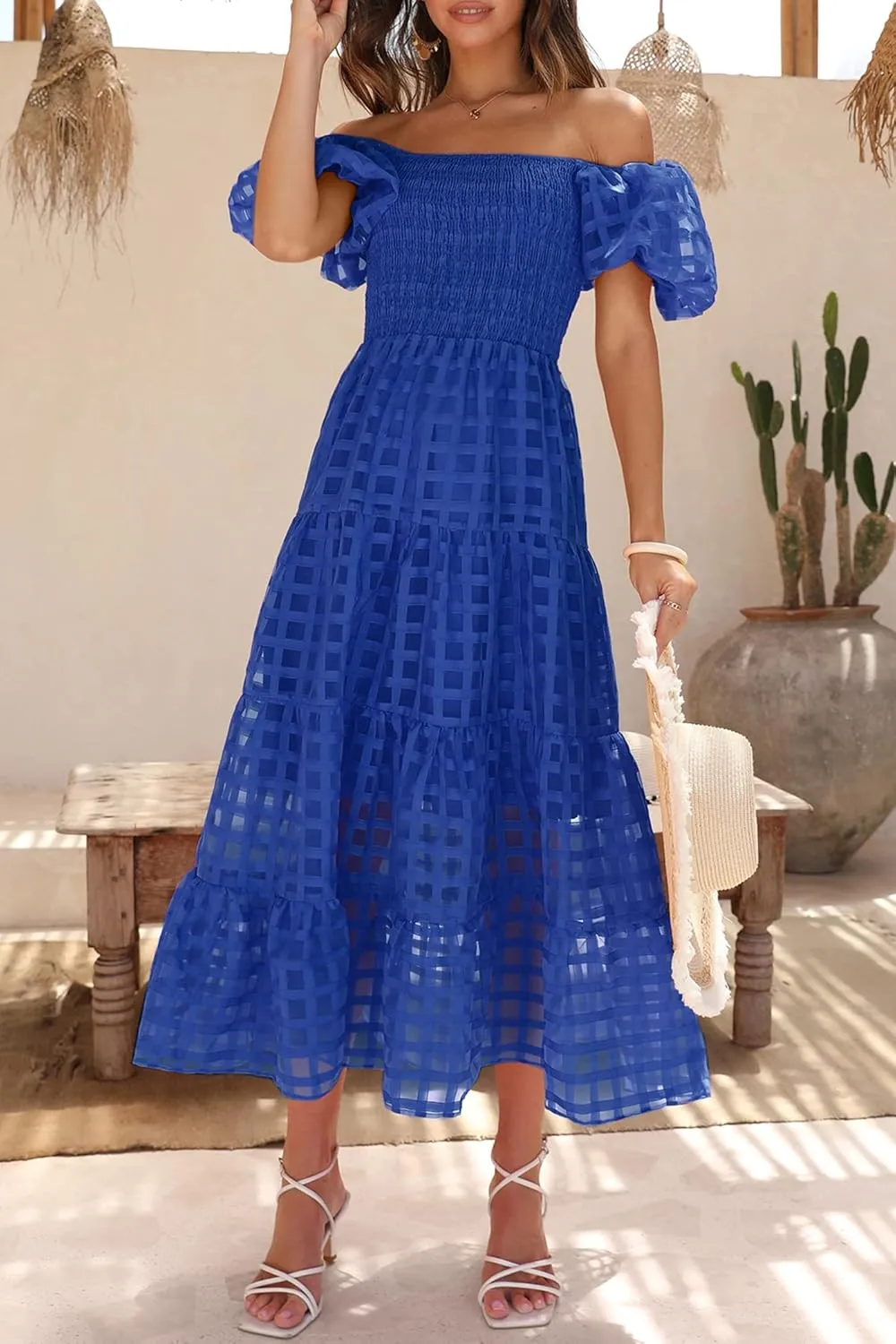 PRETTYGARDEN Women's Casual Summer Dress Puffy Short Sleeve Square Neck Smocked Tiered A Line Maxi Long Dresses