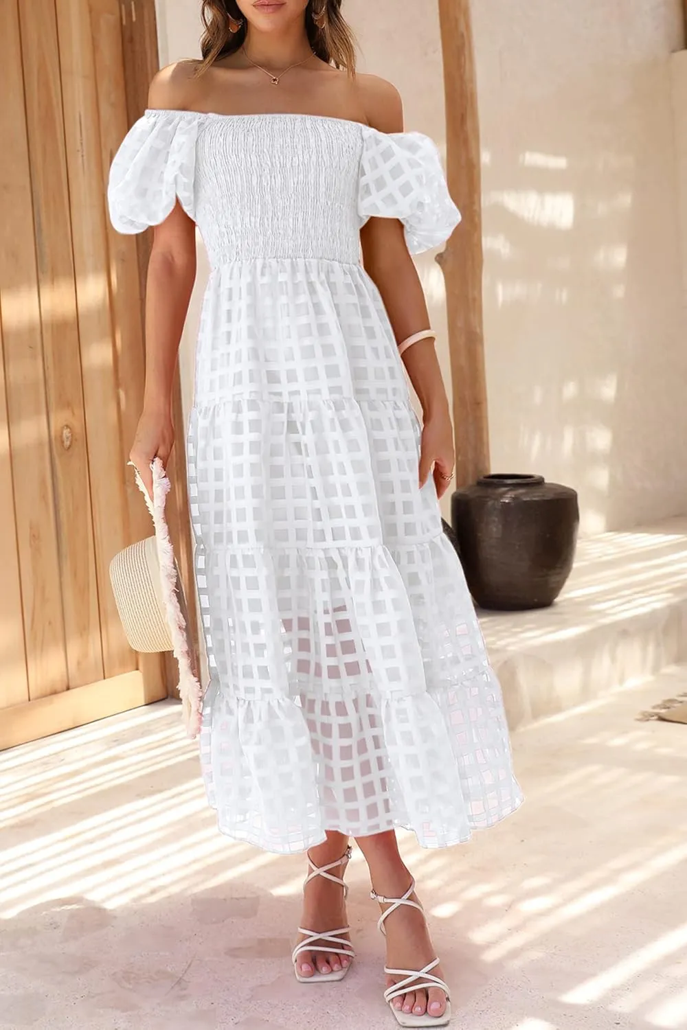 PRETTYGARDEN Women's Casual Summer Dress Puffy Short Sleeve Square Neck Smocked Tiered A Line Maxi Long Dresses