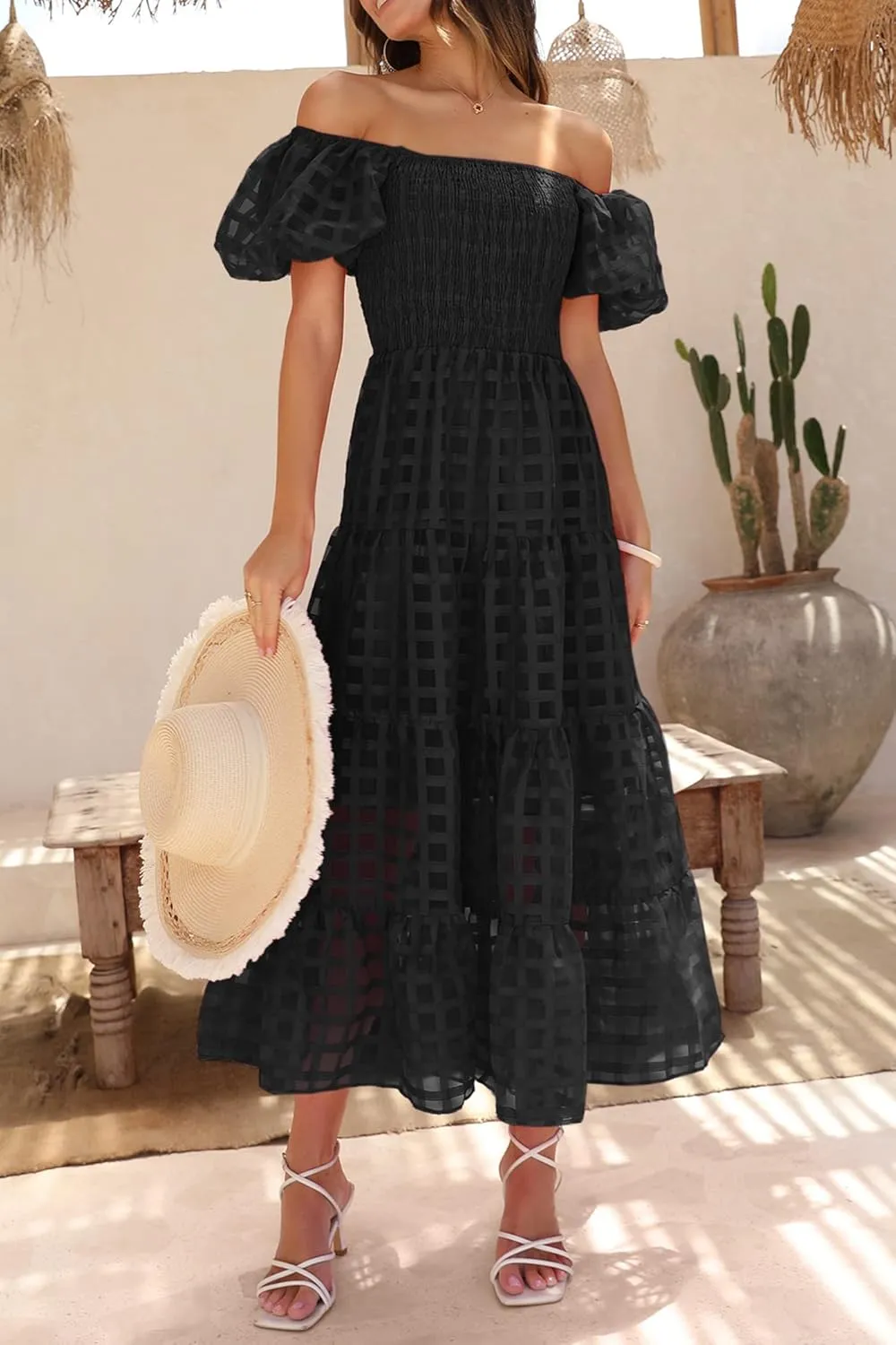 PRETTYGARDEN Women's Casual Summer Dress Puffy Short Sleeve Square Neck Smocked Tiered A Line Maxi Long Dresses