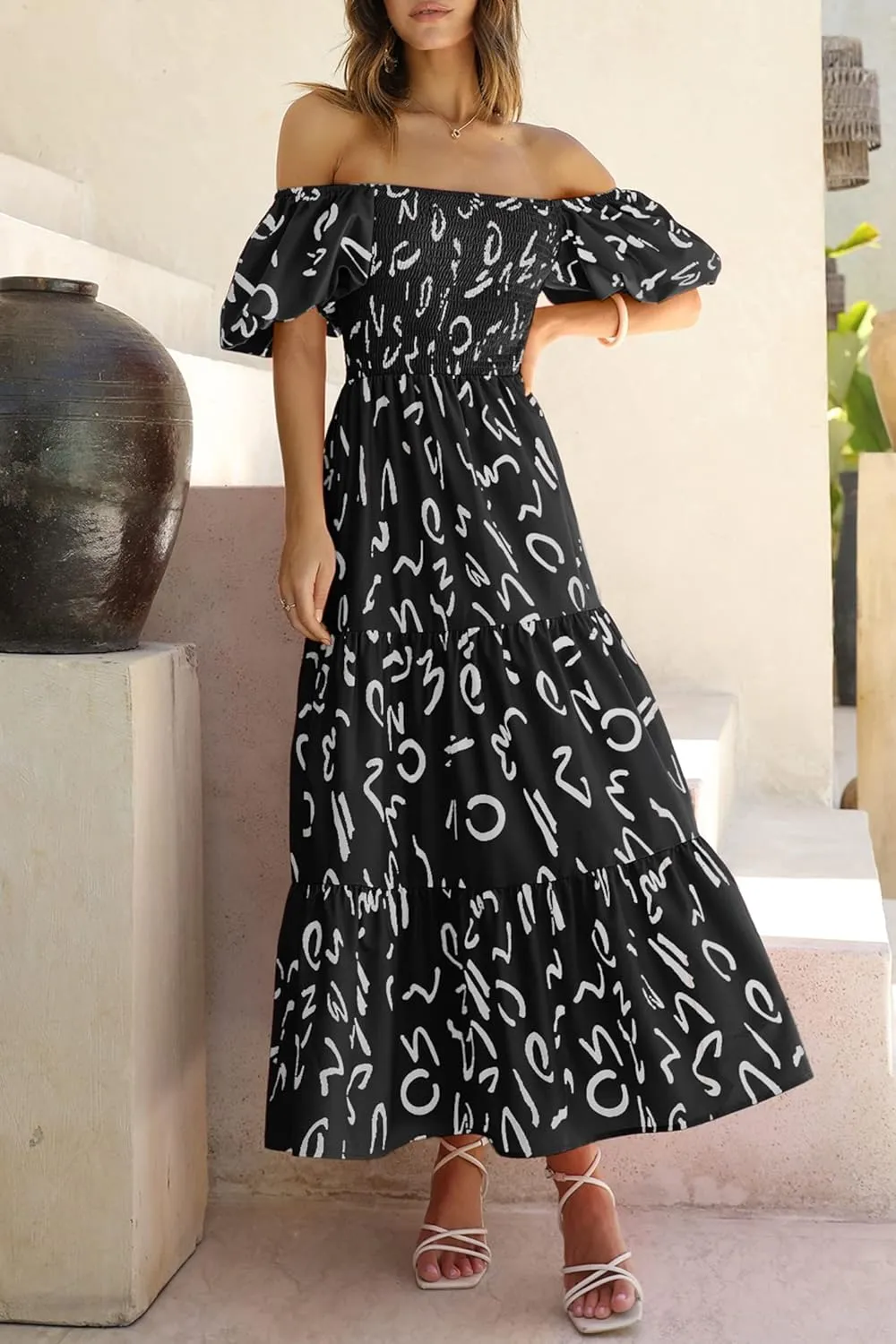 PRETTYGARDEN Women's Casual Summer Dress Puffy Short Sleeve Square Neck Smocked Tiered A Line Maxi Long Dresses