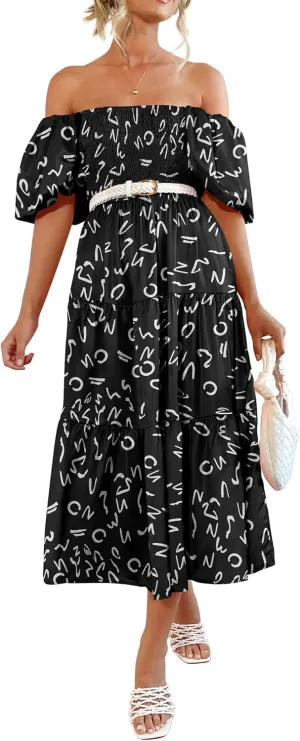 PRETTYGARDEN Women's Casual Summer Dress Puffy Short Sleeve Square Neck Smocked Tiered A Line Maxi Long Dresses