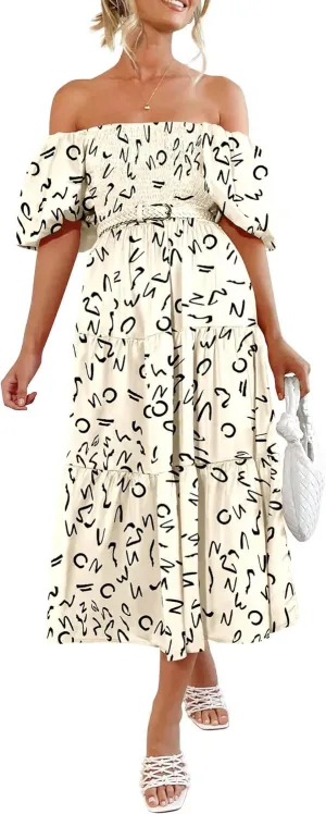 PRETTYGARDEN Women's Casual Summer Dress Puffy Short Sleeve Square Neck Smocked Tiered A Line Maxi Long Dresses