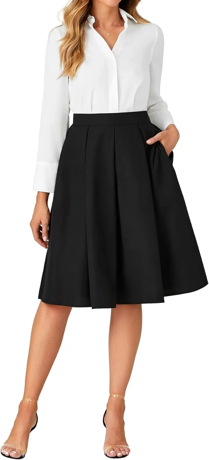 Rooscier Women's Pleated High Waisted A Line Midi Skirts with Pockets