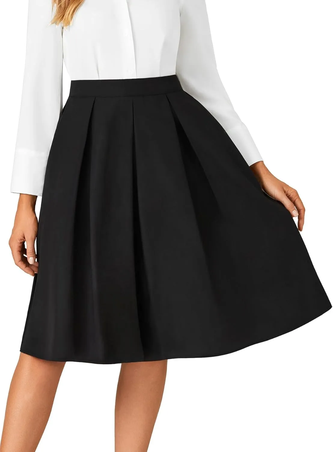 Rooscier Women's Pleated High Waisted A Line Midi Skirts with Pockets