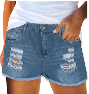 Rvidbe Denim Shorts for Women Juniors Casual Summer Mid Rise Stretchy Ripped Cuffed Hem Tassels Jean Shorts with Pockets High Waisted Jean Shorts Women Shorts for Women High Waisted