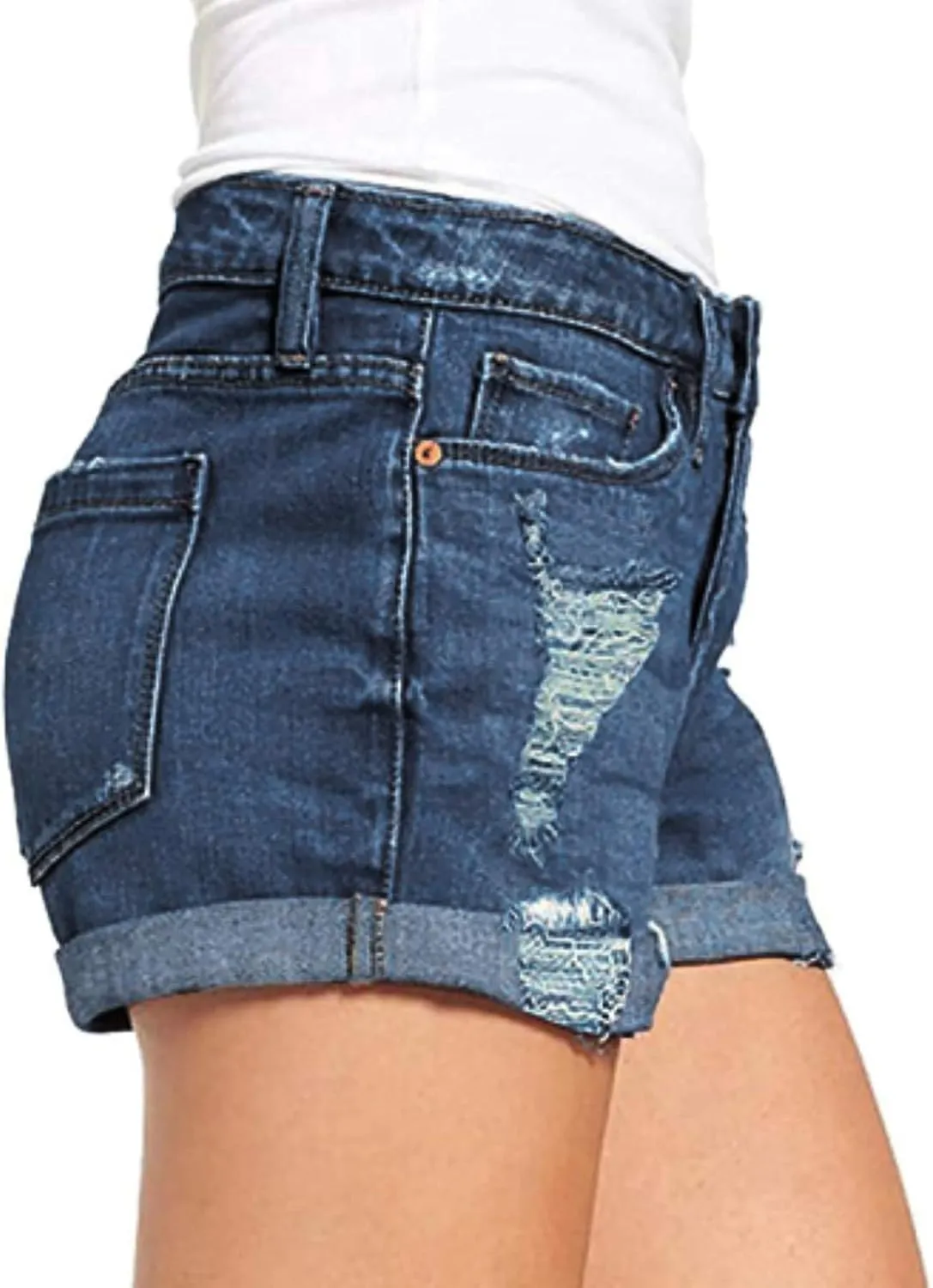 Rvidbe Denim Shorts for Women Teen Girls Casual Summer Mid Rise Stretchy Ripped Cuffed Hem Tassels Jean Shorts with Pockets Womens Denim Shorts Jean Shorts for Women High Waisted