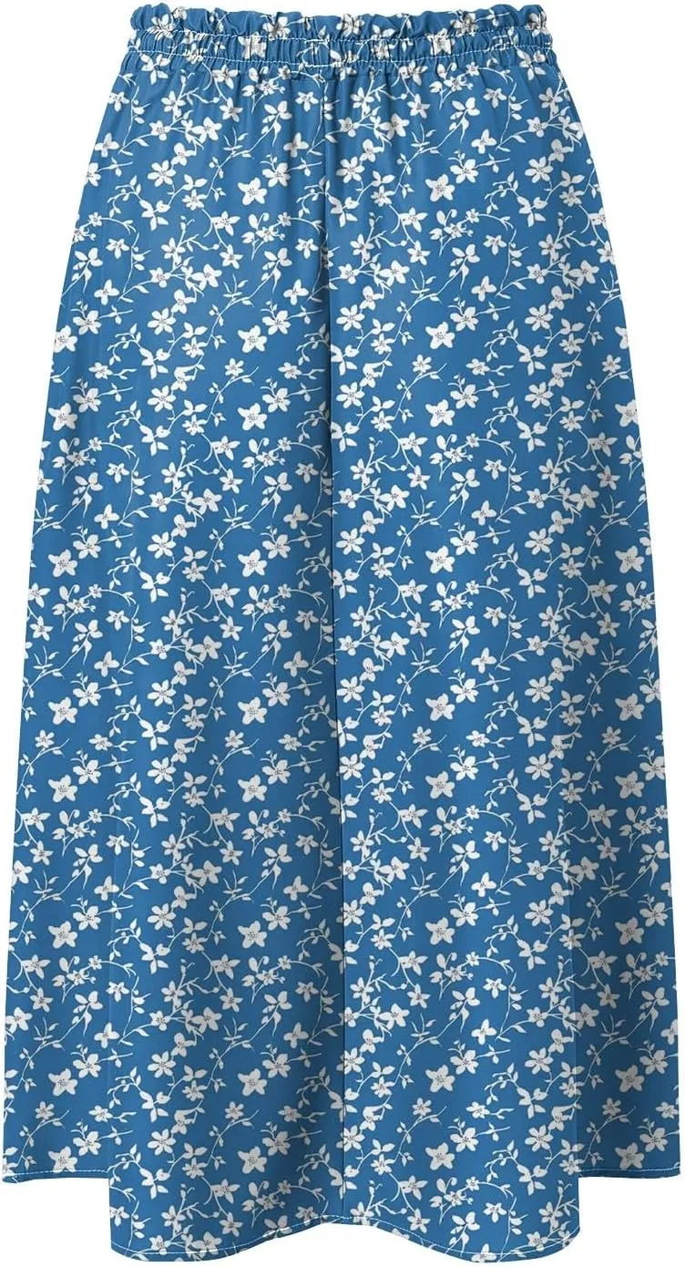 Rvidbe Midi Skirt for Women Drawstring High Waisted Floral Printed Skirts with Pockets Below Knee Pleated Flowy Beach Skirts